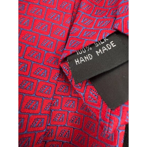 Handmade Neck Tie in Red with Blue Squares 100% Silk Mens Size 58 in - Picture 2 of 3